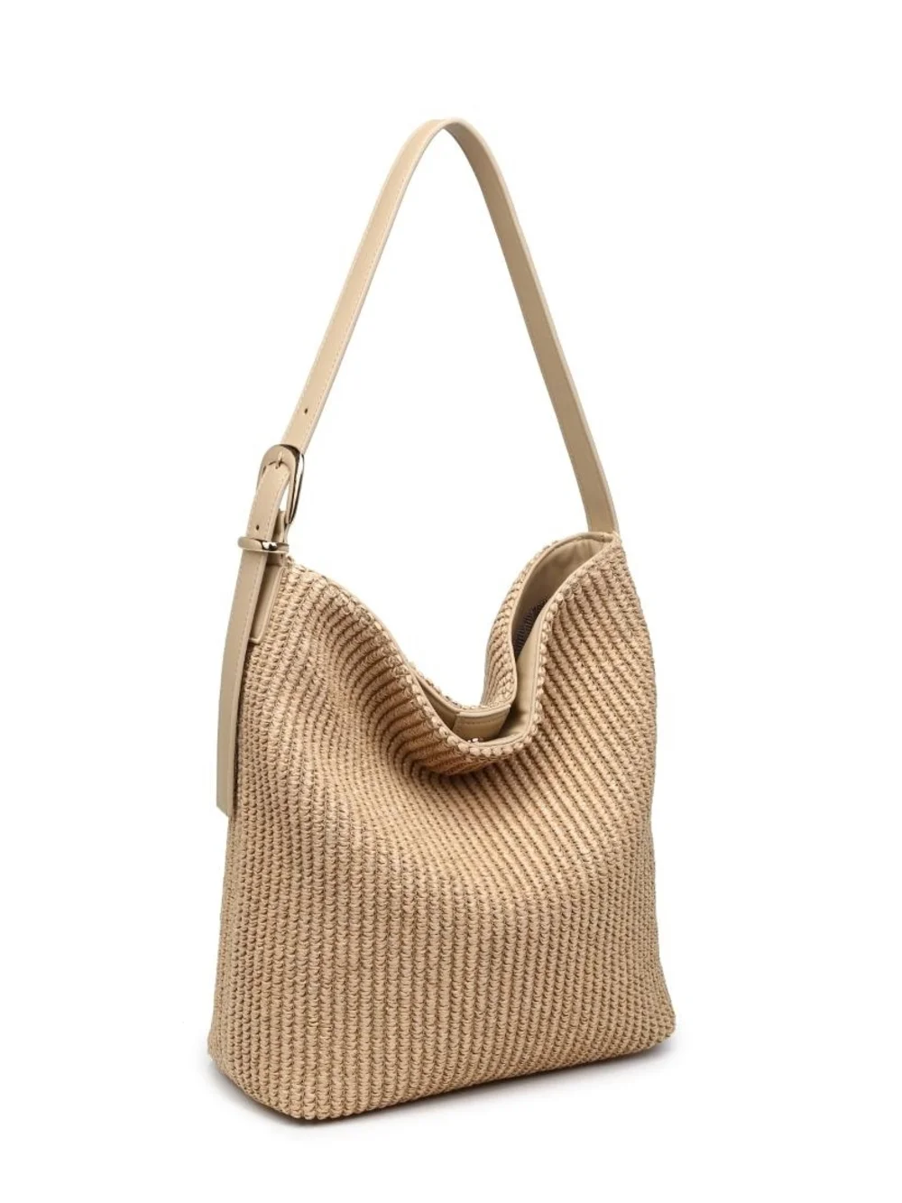 Slouchy Ribbed Weave Alethea Beige Woven Hobo Shoulder Bag